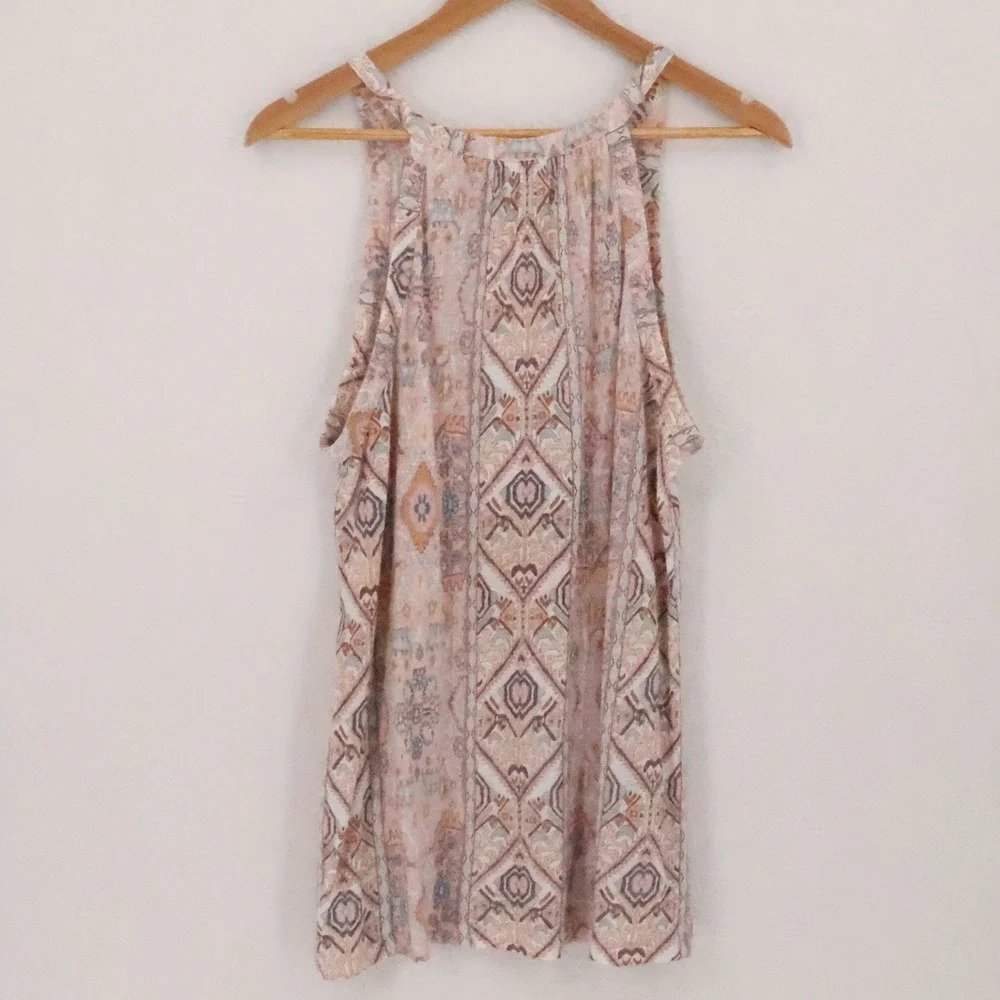 Rachel Zoe Paisley Ikat Linen Tank Top Womens Size M Boho Coastal Tassel Tie - Picture 6 of 8